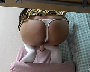 japanese webcam girl in short uniform flashes thong wedgie pussy under desk