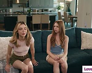 Shaved milf and petite teen lick pussies bonding stepfamily