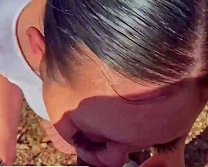 curvy asian babe chokes on huge cock outdoors sloppy