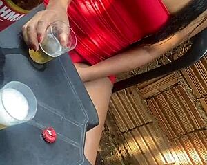 exhibitionist latina teases married man at bar in lingerie