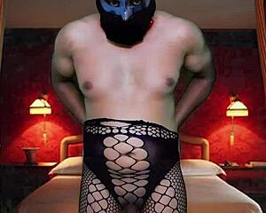 she slips into full body stocking and blue masquerade collar in sexy room
