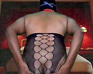 she slips into full body stocking and blue masquerade collar in sexy room