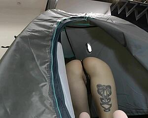Big ass horny college blonde in tent milks monster cock like gloryhole handjob