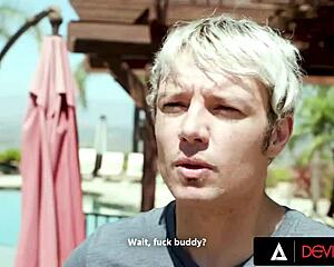 cuckold dude watches his petite blonde ride old man's monster cock doggystyle rough