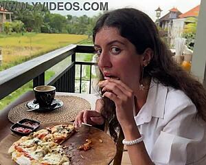 pizza lunch with cum dripping down my face in cafe 😜🍕💦 public fun!