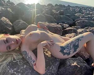 hot blonde flashes big ass clit play orgasms on public beach!! 🌊🍆