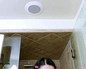 cute brunette long hair showered then daddy interviewed her petite milf body pov