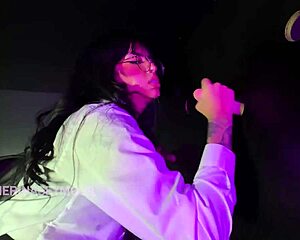 damn, this cute big-ass brunette takes two cocks through the glory hole like a pro