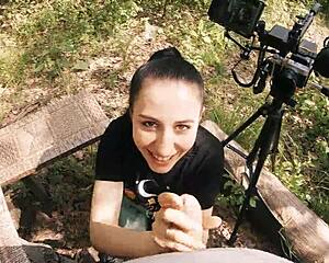 Pov backstage with my ponytail brunette girlfriend sucking huge cock outdoors in forest before swallowing cum