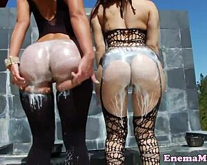 enema babe's big ass fisted then double bj in wild threesome