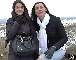 Busty milf in heels and stockings moans as teen babe licks her pussy deep