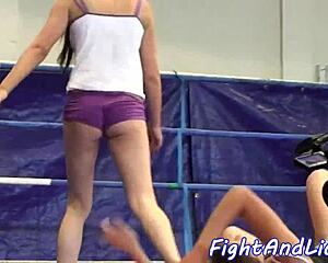 Watchin' these skinny lesbians wrestle in boxin' ring... damn hot!!