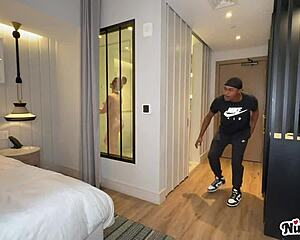 horny milf nina dolci catches bellboy stroking then rides his monster cock doggystyle cowgirl deepthroat