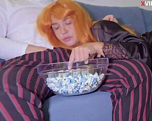 watching movie with stepmom gets my cock hard she deepthroats then we creampie fuck