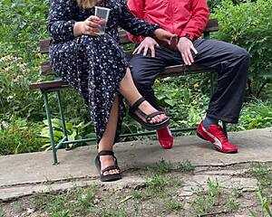 Curvy mother-in-law flashes her huge natural tits outdoors before taking cum load