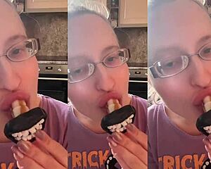 Vampire teeth suck and fuck lollipop in glasses fetish