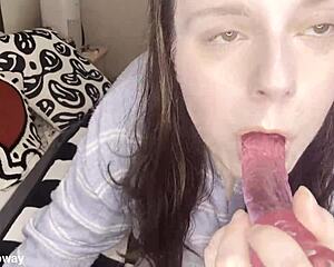 Thick virgin shoves dildo from curvy ass straight to mouth again