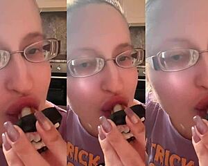 Vampire teeth suck and fuck lollipop in glasses fetish