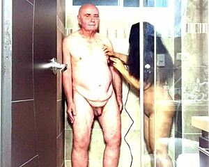 surprise shower peek agarabas shakes ass jerks huge cock close up