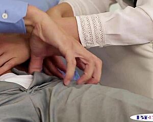 Blindfolded bisexual guy sucks cock before group anal threesome