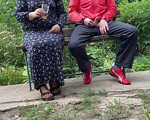 Curvy mother-in-law flashes her huge natural tits outdoors before taking cum load