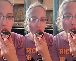 Vampire teeth suck and fuck lollipop in glasses fetish