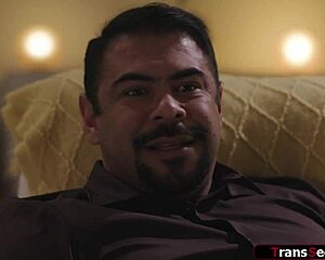 Busty tgirl melanie brooks licks client cock then anal handjob