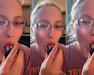 Vampire teeth suck and fuck lollipop in glasses fetish