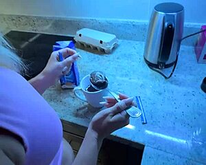 sexy curvy alice deepthroats huge cock from boyfriend in kitchen swallows cumload