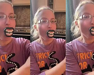 Vampire teeth suck and fuck lollipop in glasses fetish