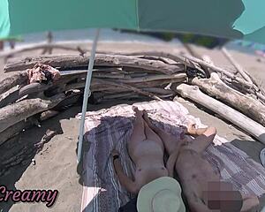 Exhibitionist wife jerks huge cock on nude beach for voyeurs cumshot explosion