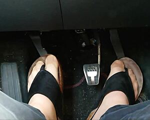 german chubby nylon feet fetish in car with toe separators up close?