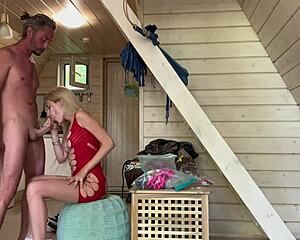 Skinny blonde slut in lingerie takes rough pussy pounding from monster big cock homemade style