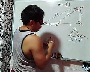 in the bedroom nerdy student with brown eyes gets trigonometry lesson from asian teacher