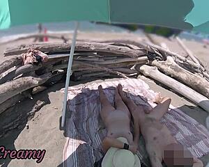 Exhibitionist wife jerks huge cock on nude beach for voyeurs cumshot explosion