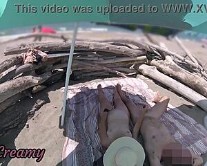 Exhibitionist wife jerks huge cock on nude beach for voyeurs cumshot explosion