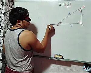 in the bedroom nerdy student with brown eyes gets trigonometry lesson from asian teacher