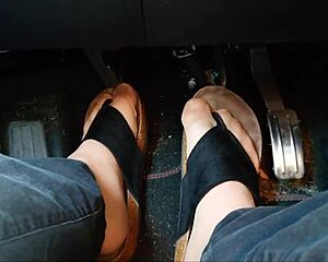 german chubby nylon feet fetish in car with toe separators up close?