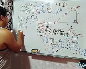 in the bedroom nerdy student with brown eyes gets trigonometry lesson from asian teacher