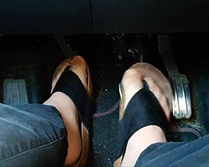 german chubby nylon feet fetish in car with toe separators up close?