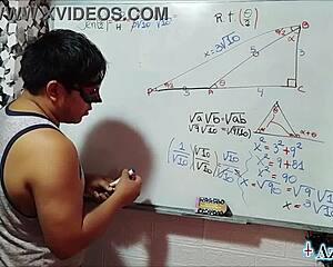in the bedroom nerdy student with brown eyes gets trigonometry lesson from asian teacher