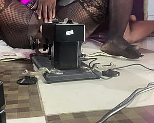 The black pussy pornstar GRINDS and FUCKS the relentless sex machine with smooth operator lube