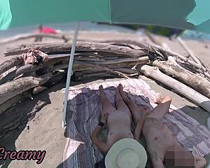 Exhibitionist wife jerks huge cock on nude beach for voyeurs cumshot explosion