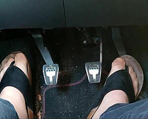german chubby nylon feet fetish in car with toe separators up close?