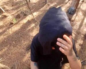 Lost tourist forced to fuck pierced brunette witch in forest to lift Halloween curse