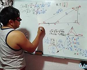 in the bedroom nerdy student with brown eyes gets trigonometry lesson from asian teacher
