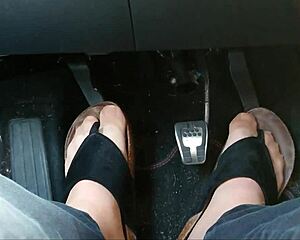 german chubby nylon feet fetish in car with toe separators up close?