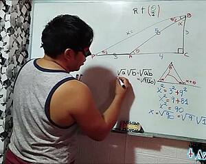 in the bedroom nerdy student with brown eyes gets trigonometry lesson from asian teacher