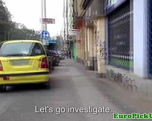 Euro teen slut flashes tits outdoors for cash then public pov fuck