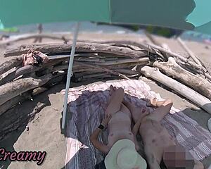 Exhibitionist wife jerks huge cock on nude beach for voyeurs cumshot explosion